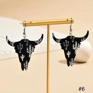#6 | Steer Longhorn Black & White Cactus Printed Acrylic Dangle Earrings